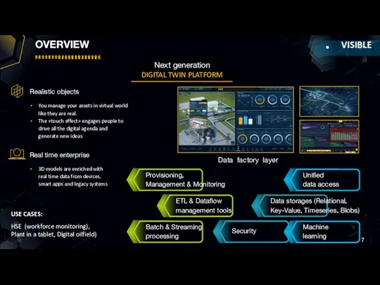 overview USE CASES: HSE (workforce monitoring), Plant in a tablet, Digital oilfield)