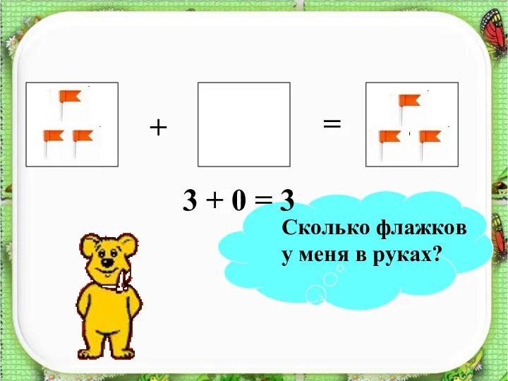 ? + = 3 + 0 = 3 Сколько флажков у меня в руках?