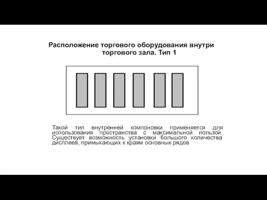 Расположение торгового оборудования внутри торгового зала. Тип 1 Такой тип внутренней компоновки