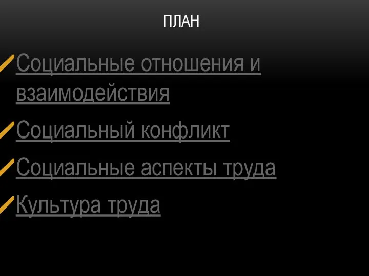 ПЛАН Социальные отношения и взаимодействия Социальный конфликт Социальные аспекты труда Культура труда