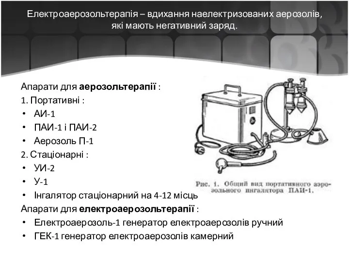 Електроаерозольтерапія – вдихання наелектризованих аерозолів, які мають негативний заряд. Апарати для аерозольтерапії