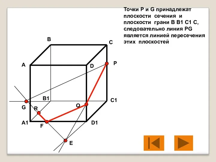 Точки P и G принадлежат плоскости сечения и плоскости грани B B1