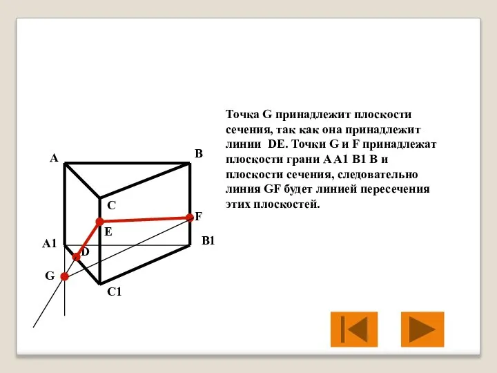 Точка G принадлежит плоскости сечения, так как она принадлежит линии DE. Точки