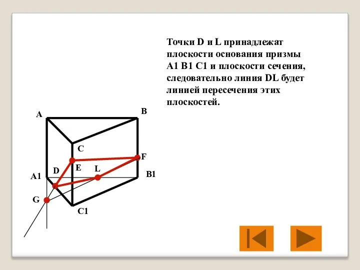 Точки D и L принадлежат плоскости основания призмы A1 B1 C1 и
