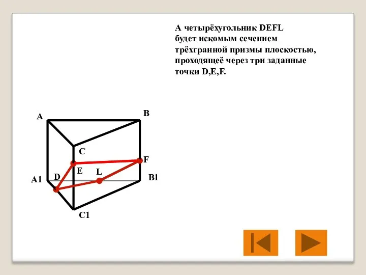 А четырёхугольник DEFL будет искомым сечением трёхгранной призмы плоскостью, проходящеё через три