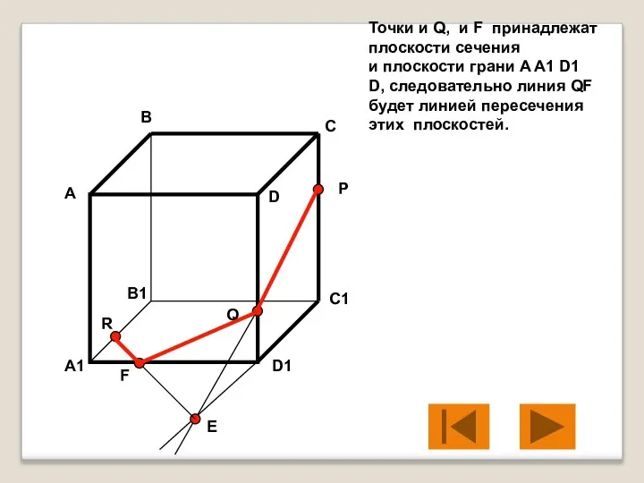 Точки и Q, и F принадлежат плоскости сечения и плоскости грани A