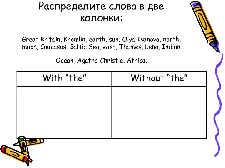 Распределите слова в две колонки: Great Britain, Kremlin, earth, sun, Olya Ivanova,