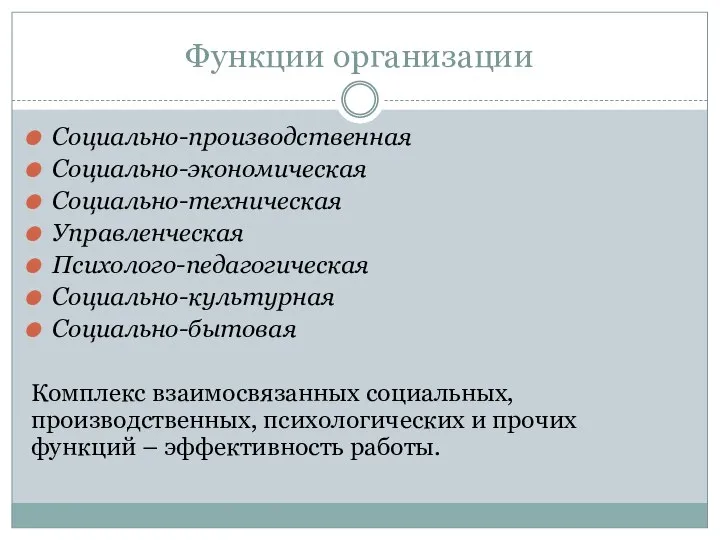 Функции организации Социально-производственная Социально-экономическая Социально-техническая Управленческая Психолого-педагогическая Социально-культурная Социально-бытовая Комплекс взаимосвязанных социальных,