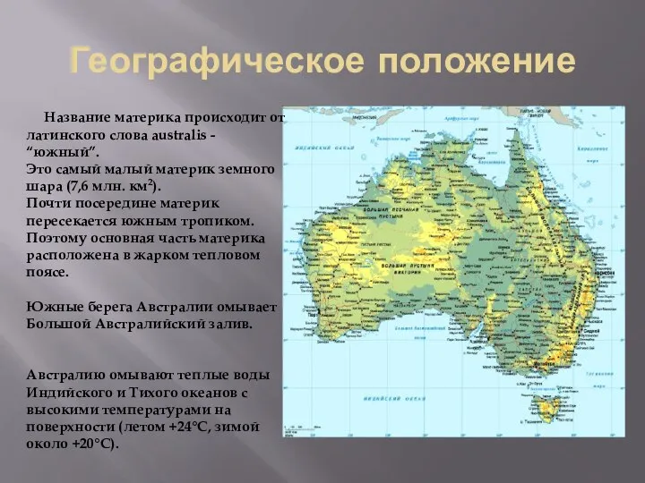 Географическое положение Название материка происходит от латинского слова australis - “южный”. Это