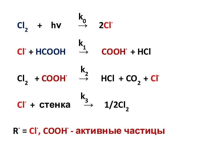 k0 Cl2 + hν → 2Cl· k1 Cl· + HCOOH → COOH·