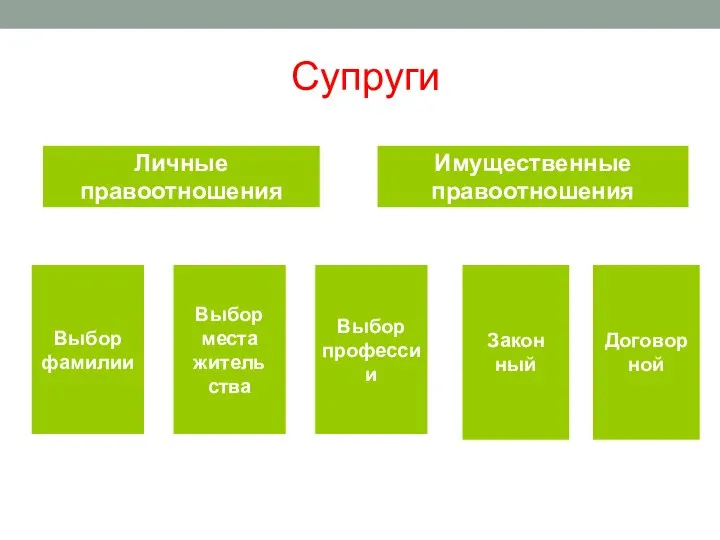 Супруги Личные правоотношения Имущественные правоотношения Выбор фамилии Выбор места житель ства Выбор