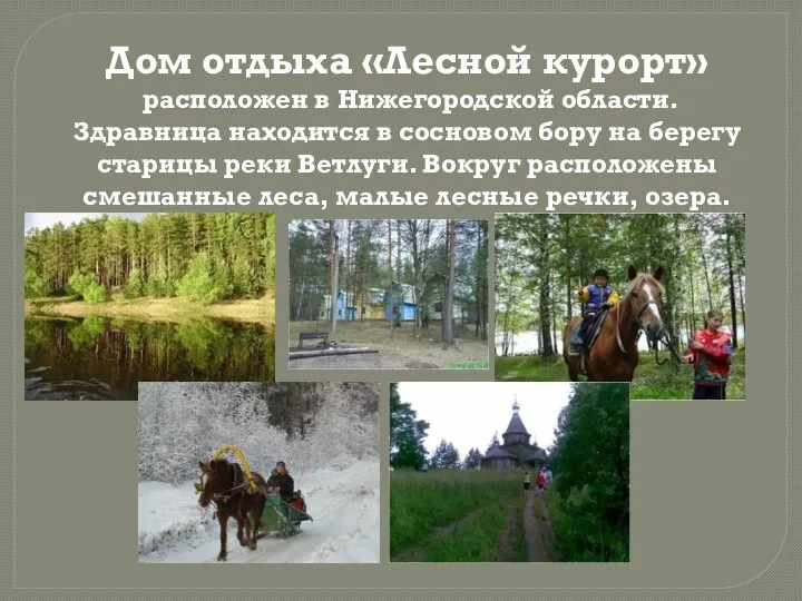 Дом отдыха «Лесной курорт» расположен в Нижегородской области. Здравница находится в сосновом