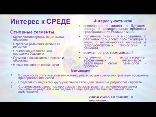 Интерес к СРЕДЕ Основные сегменты Методология гармонизации жизни общества Стратегия развития России