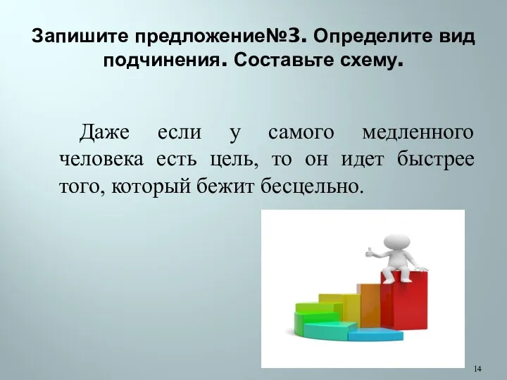 Запишите предложение№3. Определите вид подчинения. Составьте схему. Даже если у самого медленного