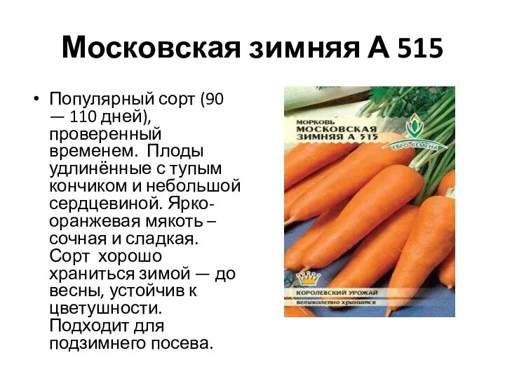 Московская зимняя А 515 Популярный сорт (90 — 110 дней), проверенный временем.