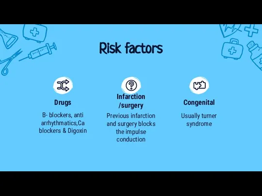 Risk factors B- blockers, anti arrhythmatics,Ca blockers & Digoxin Drugs Usually turner