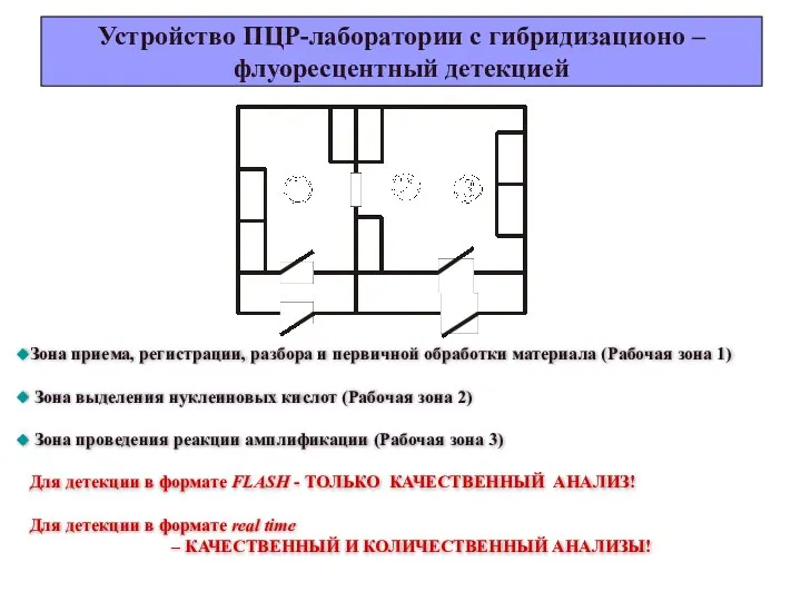 Устройство ПЦР-лаборатории с гибридизационо – флуоресцентный детекцией Зона приема, регистрации, разбора и