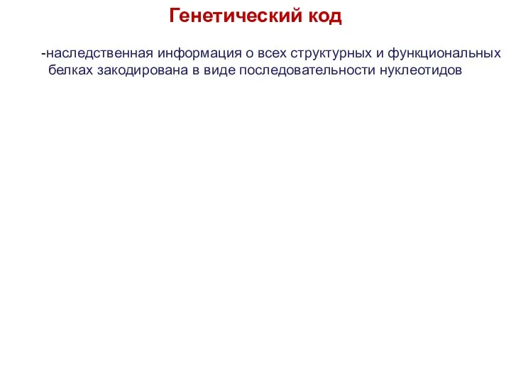 Генетический код -наследственная информация о всех структурных и функциональных белках закодирована в виде последовательности нуклеотидов