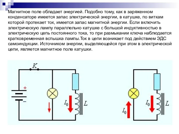 Магнитное поле обладает энергией. Подобно тому, как в заряженном конденсаторе имеется запас