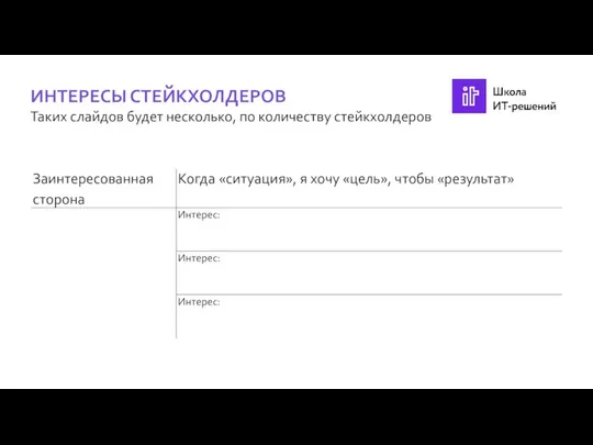 ИНТЕРЕСЫ СТЕЙКХОЛДЕРОВ Таких слайдов будет несколько, по количеству стейкхолдеров