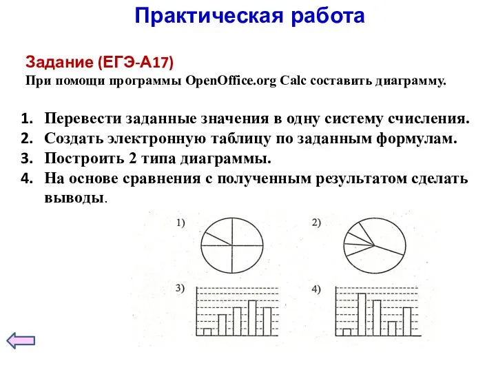 Практическая работа Задание (ЕГЭ-А17) При помощи программы ОpenOffice.org Calc составить диаграмму. Перевести
