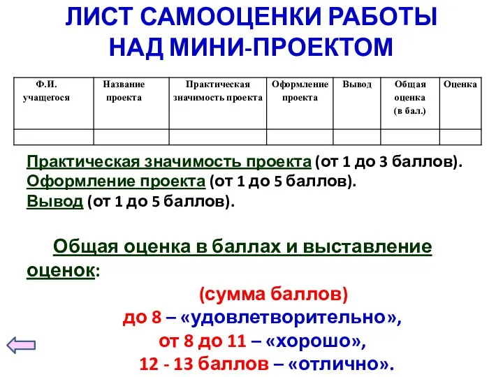 ЛИСТ САМООЦЕНКИ РАБОТЫ НАД МИНИ-ПРОЕКТОМ Практическая значимость проекта (от 1 до 3