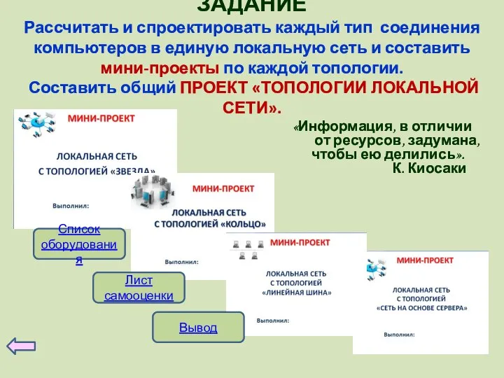 ЗАДАНИЕ Рассчитать и спроектировать каждый тип соединения компьютеров в единую локальную сеть