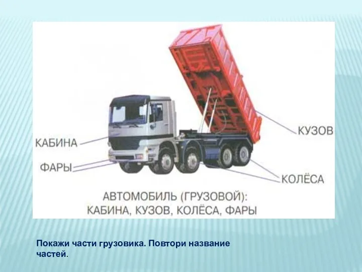 Покажи части грузовика. Повтори название частей.