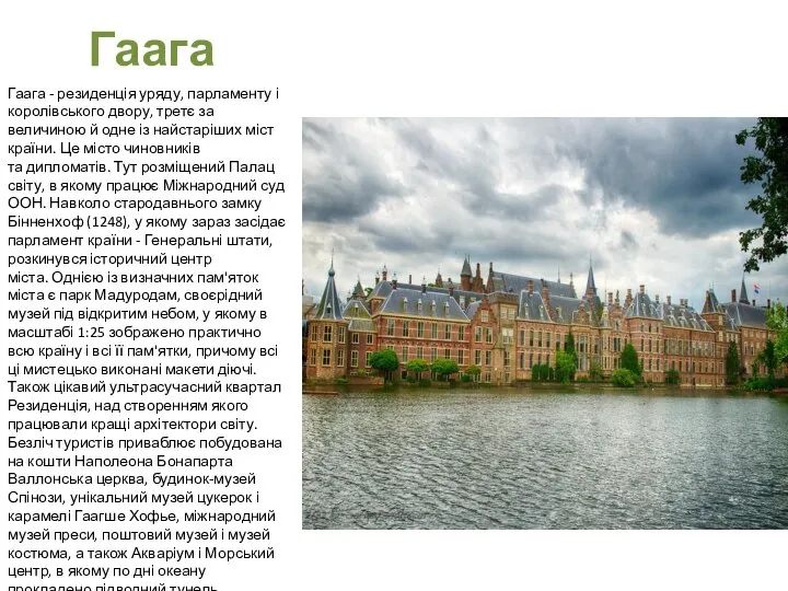 Гаага Гаага - резиденція уряду, парламенту і королівського двору, третє за величиною