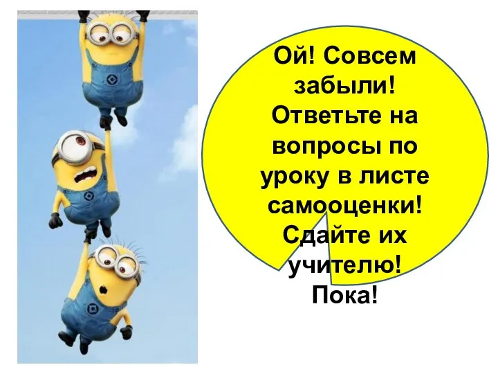 Ой! Совсем забыли! Ответьте на вопросы по уроку в листе самооценки! Сдайте их учителю! Пока!