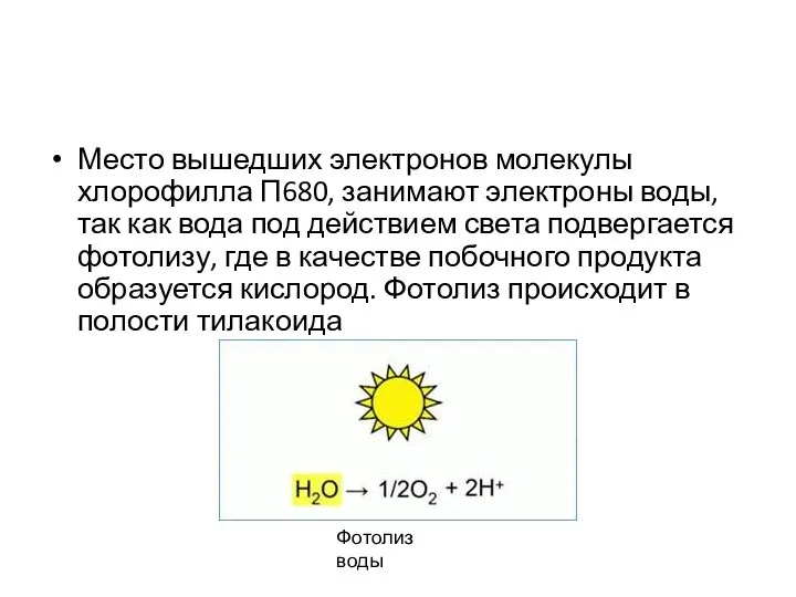 Место вышедших электронов молекулы хлорофилла П680, занимают электроны воды, так как вода