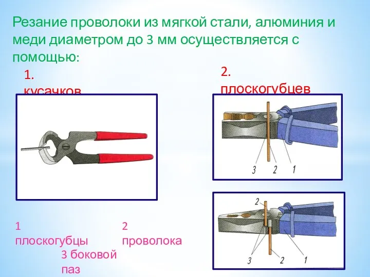 Резание проволоки из мягкой стали, алюминия и меди диаметром до 3 мм