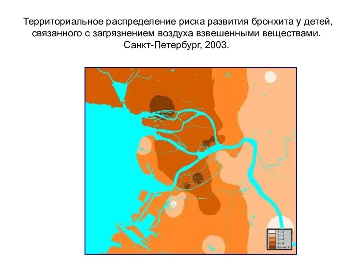 Территориальное распределение риска развития бронхита у детей, связанного с загрязнением воздуха взвешенными веществами. Санкт-Петербург, 2003.