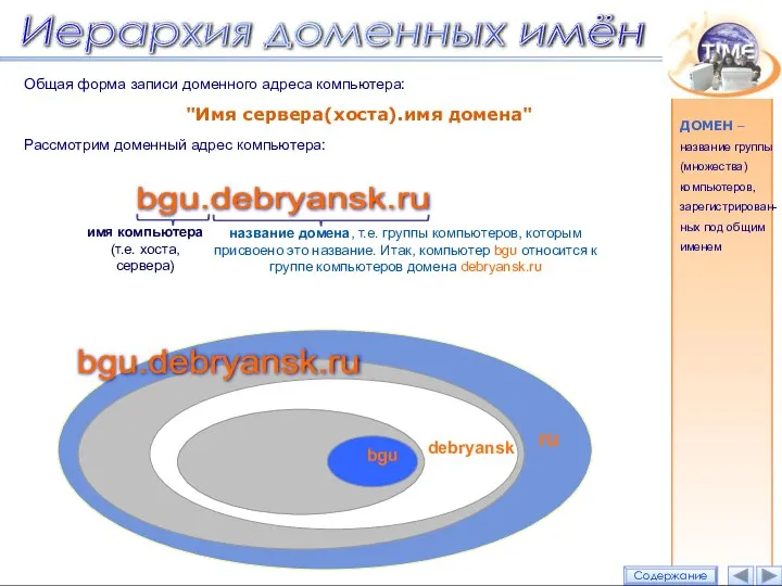 Общая форма записи доменного адреса компьютера: "Имя сервера(хоста).имя домена" Рассмотрим доменный адрес