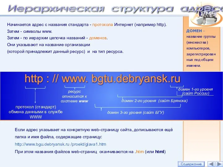 Начинается адрес с названия стандарта - протокола Интернет (например http). Затем -