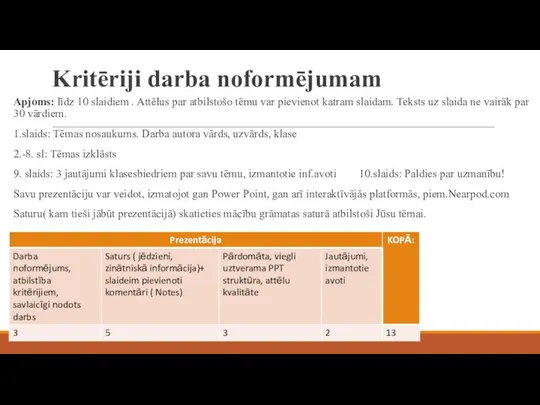 Kritēriji darba noformējumam Apjoms: līdz 10 slaidiem . Attēlus par atbilstošo tēmu