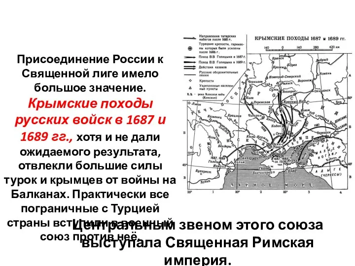 Присоединение России к Священной лиге имело большое значение. Крымские походы русских войск