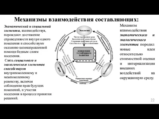 Механизмы взаимодействия составляющих: Экономический и социальный элементы, взаимодействуя, порождают достижение справедливости внутри