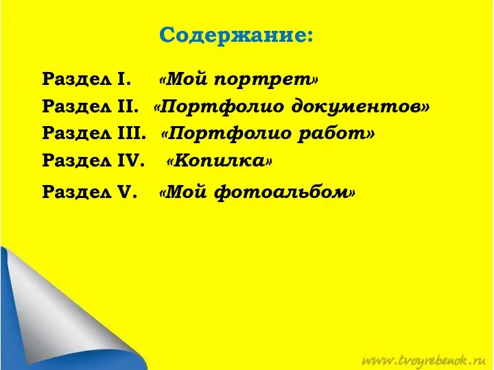 Содержание: Раздел I. «Мой портрет» Раздел II. «Портфолио документов» Раздел III. «Портфолио