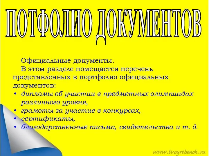 ПОТФОЛИО ДОКУМЕНТОВ Официальные документы. В этом разделе помещается перечень представленных в портфолио