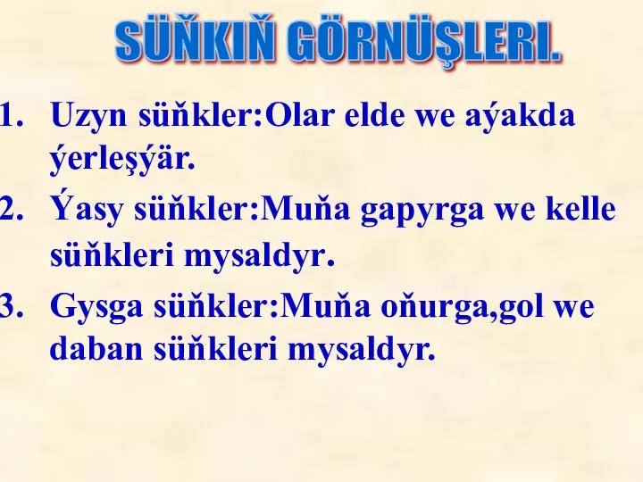 Uzyn süňkler:Olar elde we aýakda ýerleşýär. Ýasy süňkler:Muňa gapyrga we kelle süňkleri