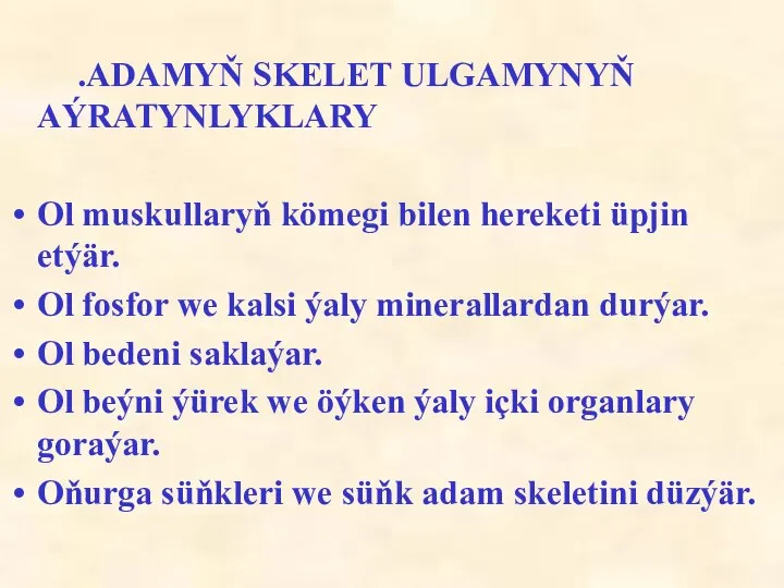 .ADAMYŇ SKELET ULGAMYNYŇ AÝRATYNLYKLARY Ol muskullaryň kömegi bilen hereketi üpjin etýär. Ol