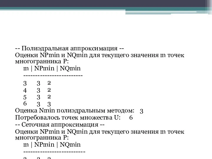 -- Полиэдральная аппроксимация -- Оценки NPmin и NQmin для текущего значения m