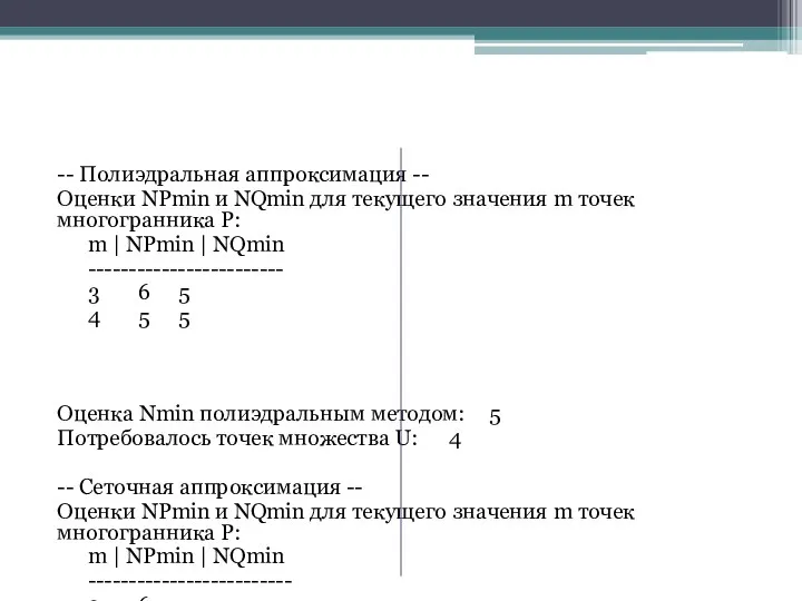 -- Полиэдральная аппроксимация -- Оценки NPmin и NQmin для текущего значения m
