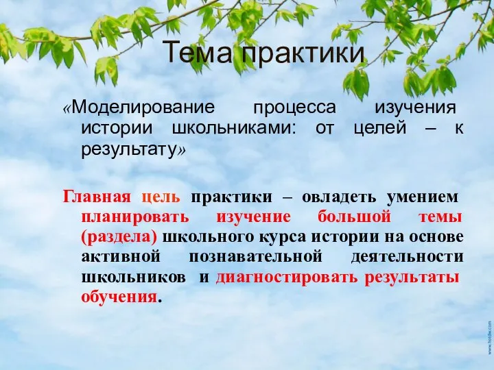 Тема практики «Моделирование процесса изучения истории школьниками: от целей – к результату»