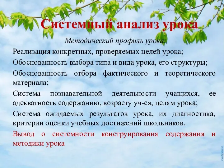 Системный анализ урока Методический профиль урока: Реализация конкретных, проверяемых целей урока; Обоснованность