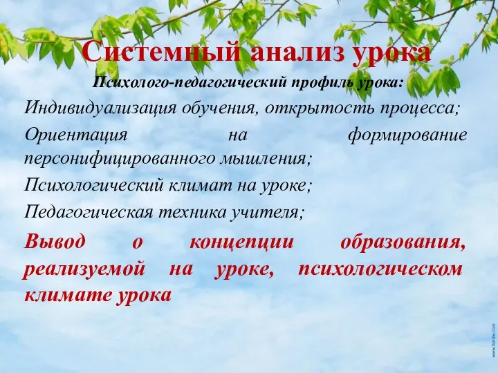 Системный анализ урока Психолого-педагогический профиль урока: Индивидуализация обучения, открытость процесса; Ориентация на