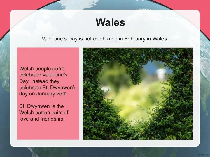 Welsh people don’t celebrate Valentine’s Day. Instead they celebrate St. Dwynwen’s day