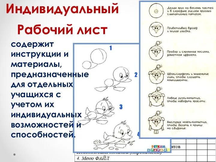 Индивидуальный Рабочий лист содержит инструкции и материалы, предназначенные для отдельных учащихся с