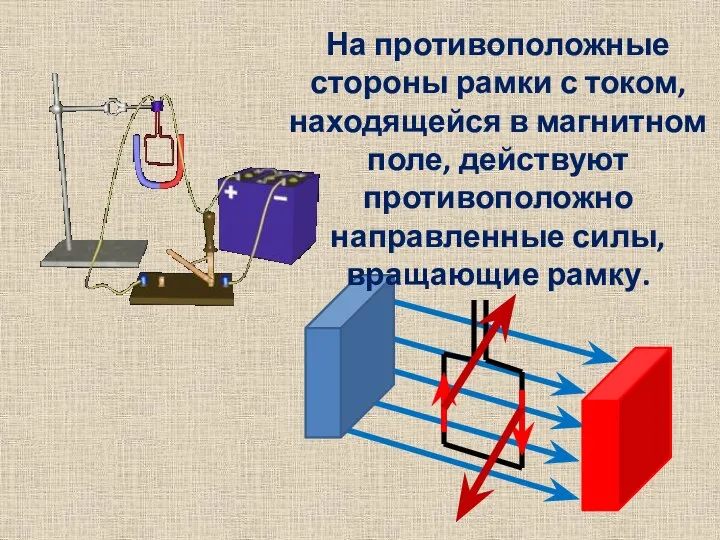 На противоположные стороны рамки с током, находящейся в магнитном поле, действуют противоположно направленные силы, вращающие рамку.